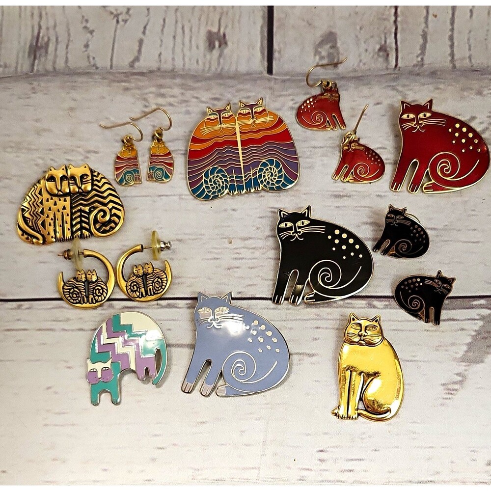 Laurel Burch Cat Theme Jewelry Lot 11 pc Enamel Metal Pins Brooches Earrings